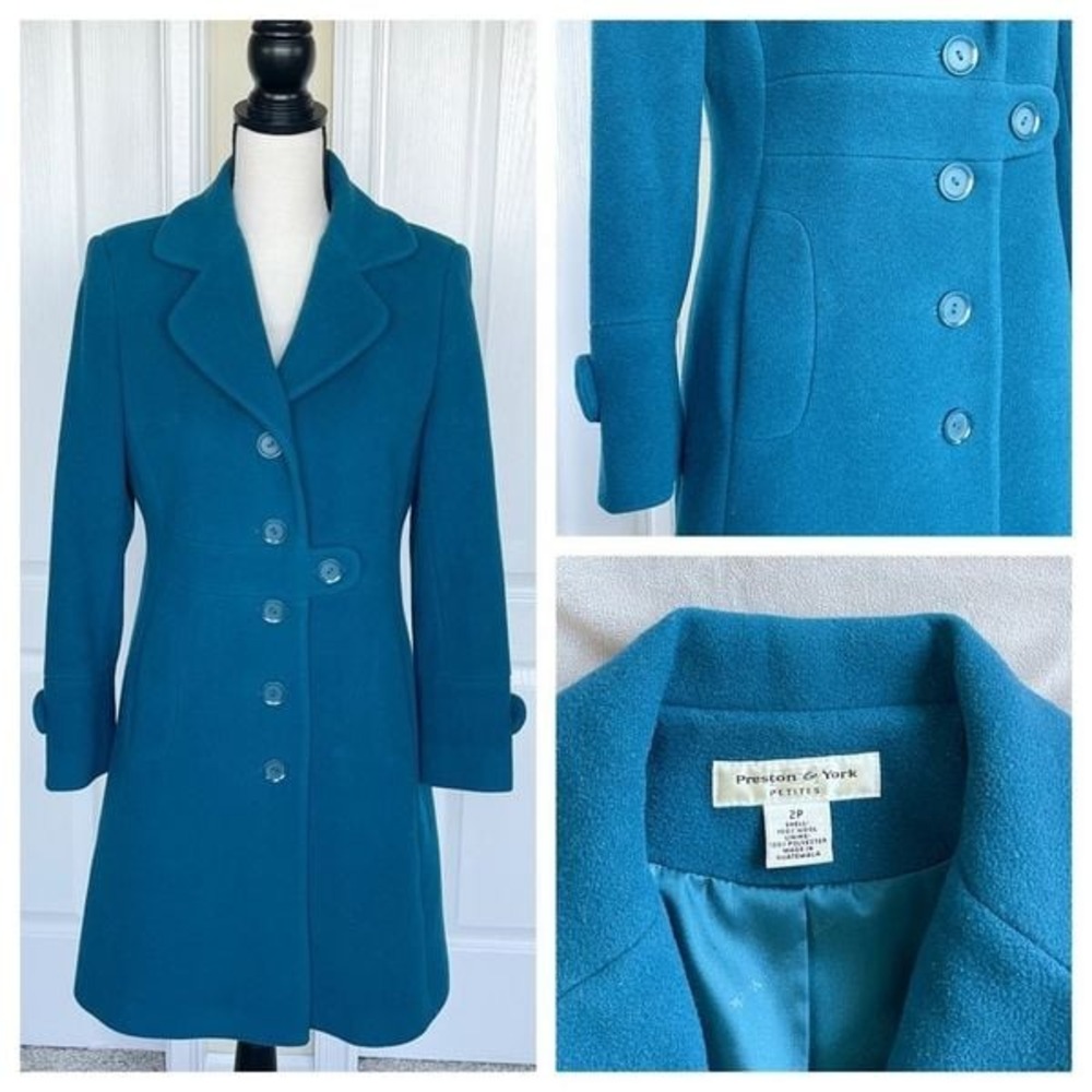 Preston and York 100% Wool Size 2P Teal Button Down Winter Coat Jacket Blazer